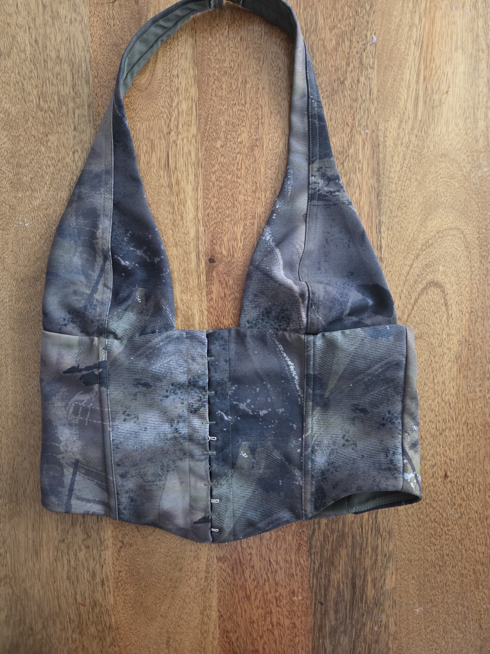 White Fox Halter Crop Corset Top in Olive and Charcoal Camouflage